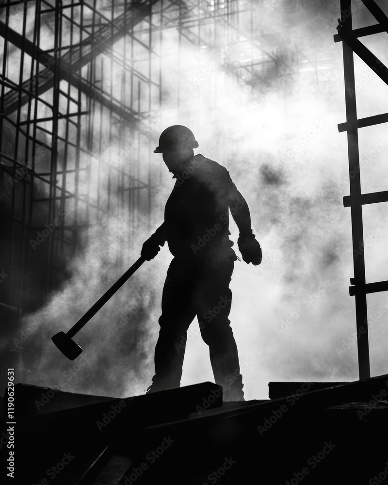 Poster a dynamic shot of a construction worker holding a hammer on a site, with scaffolding in the backgrou