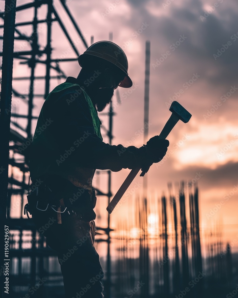 Poster a dynamic shot of a construction worker holding a hammer on a site, with scaffolding in the backgrou