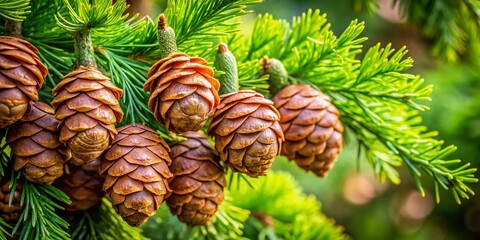 Fototapeta premium Lush Cedar Branch with Cones - Copy Space, Nature Photography
