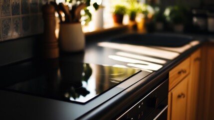 Modern kitchen countertop with stove and sunlight filtering through plants.