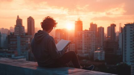An anime artist sitting on a rooftop at sunset