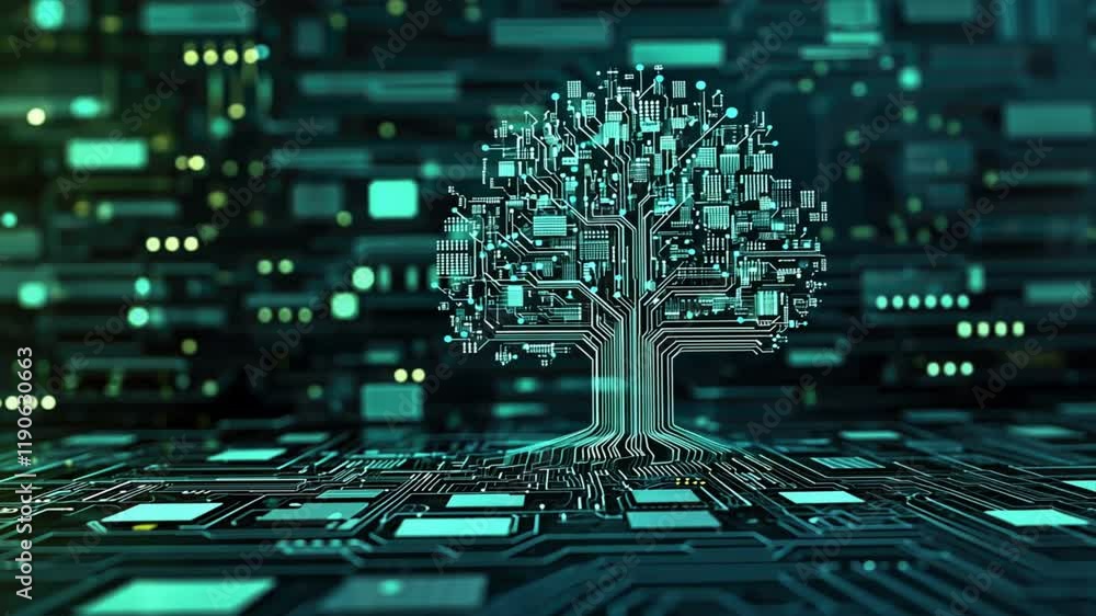 Poster digital tree design fusion of circuit patterns, technology, and nature for growth and innovation in 