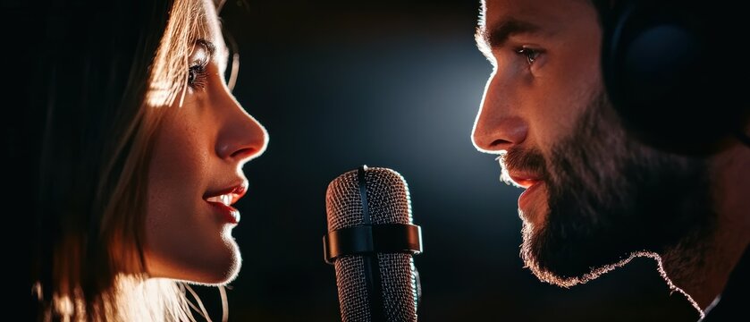 A side profile of a woman and a man singing into a microphone, capturing a moment of connection. - Powered by Adobe