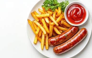 A plate of currywurst with flying fries and curry ketchup on a white background
