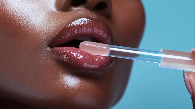 lip balm applicator touching a plumpy transparent glossy serum texture melting on a black woman