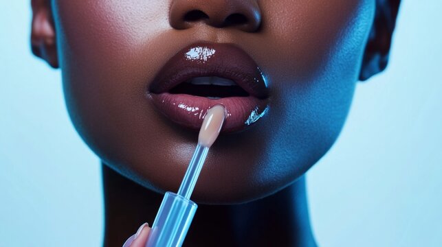 lip balm applicator touching a plumpy transparent glossy serum texture melting on a black woman