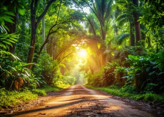 Fototapeta premium Lush Tropical Jungle Road: Bokeh Effect Stock Photo - Rural Pathway