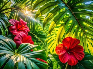 Lush Tropical Macro: Monstera, Palm, Hibiscus in Sunlight