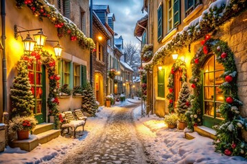 Charming French Village Street, Festive Christmas Decorations, Cozy Winter Scene