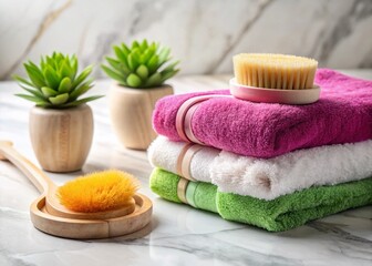 Luxurious Bathroom Essentials: Soft Towels & Bath Brush on Marble