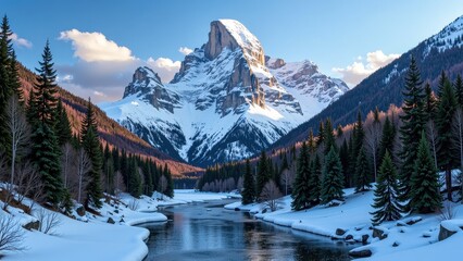 Snow-capped peaks rise majestically over a winding river in the tranquil expanse of a pristine mountain range. Light-blue skies adorned with wispy clouds cast serene shadows, embracing the untouched w