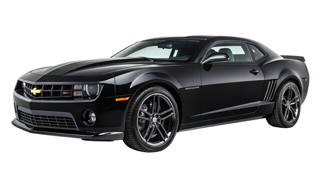 Black Chevrolet Camaro, muscle car, expensive and rich automobile, isolated on transparent background. 