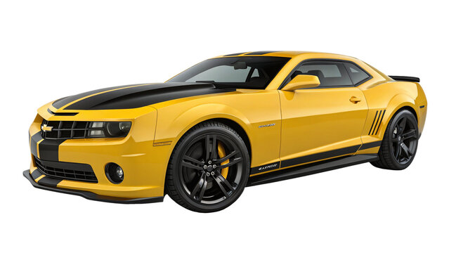 Yellow Chevrolet Camaro, muscle car, expensive and rich automobile, isolated on transparent background. 