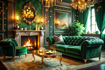 Fototapeta premium Luxurious Emerald Green Living Room with Bokeh Lights - Interior Design Stock Photo
