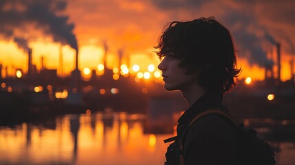 Fototapeta premium Silhouette of person at sunset with industrial background.