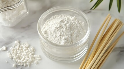 Spa ingredients flat lay with ancient clays, a glass mixing jar, and bamboo applicators.