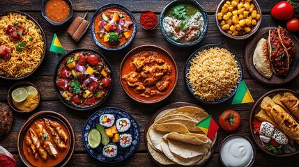 Colorful spread of global cuisine dishes on a rustic wooden table, featuring spicy Indian curry, Italian pasta, Japanese sushi, Mexican tacos, and French pastries.