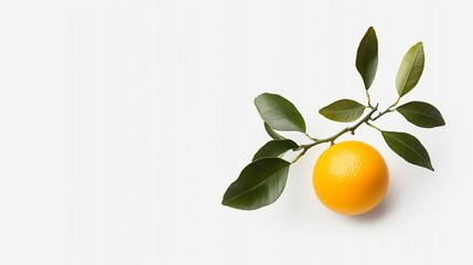 Fresh orange with green twig resting on clean white background for vibrant display