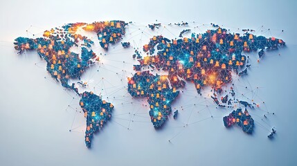  Flat world map overlaid with colorful human icons and connection lines, symbolizing global communication, social networks, and international collaboration across continents.