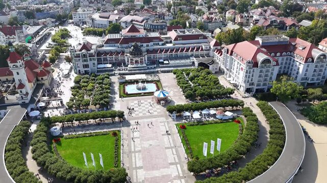 Aerial view of Sopot Establishing shot of famous seaside city with a long pier, by the Baltic Sea in Poland. sunny day