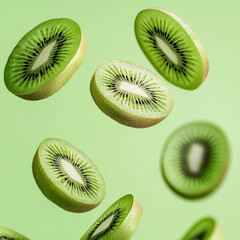 Fototapeta premium Fresh green kiwi slices floating on a vibrant green background