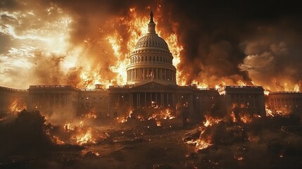 Obraz premium Dramatic depiction of the American Capitol building with flames engulfing its dome, symbolizing turmoil, conflict, or political unrest in a striking and intense imagery.