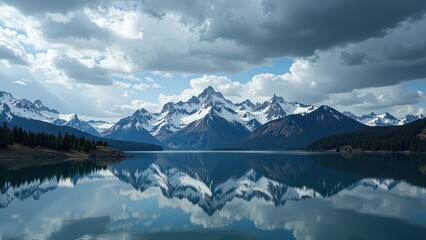 Snow-dusted peaks rise majestically over tranquil waters, framed by a soft blue sky dotted with fluffy cumulus clouds, casting serene reflections on the surface below.  