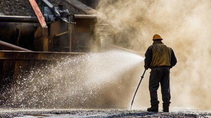 Worker spraying water to control dust at a mining operation.