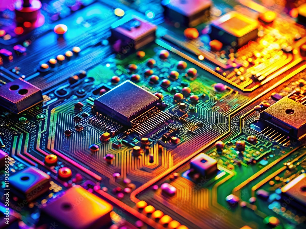 Poster macro close-up of circuit board components, technological details, abstract tech background