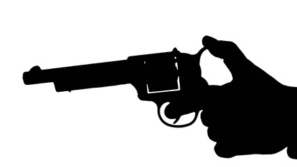Hand holding a revolver gun, caught in the act of loading the bullet into the cylinder, preparing to fire. Isolated silhouette shot.
