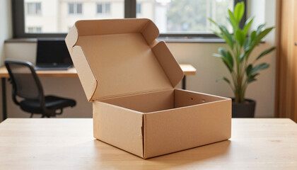 Flat box mockup on modern workspace, minimalistic design concept