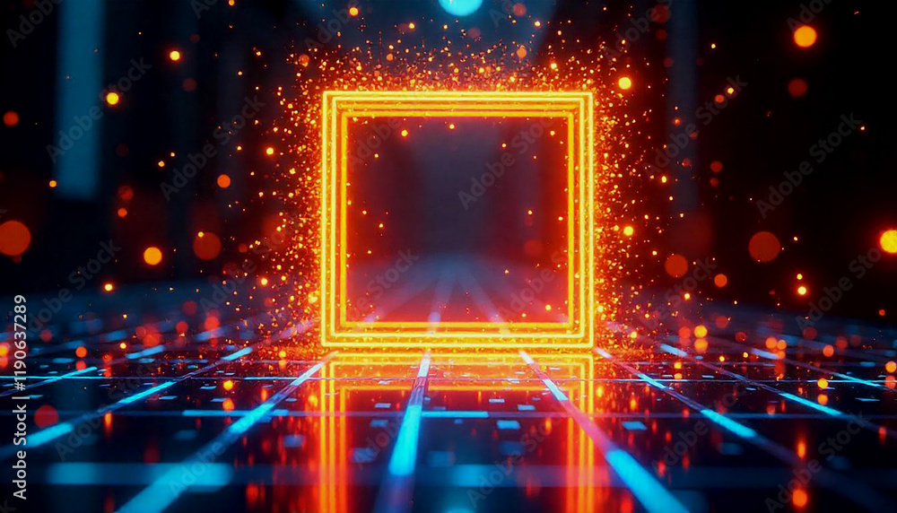 Poster a futuristic, high-tech background with a glowing blue grid pattern, circular elements, and a centra