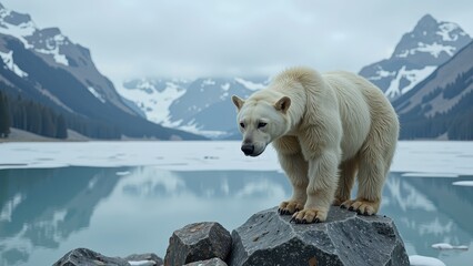 Naklejka premium A majestic polar bear stands poised on a vast gray rock, gazing leftward with an air of wilderness royalty under a clear sky