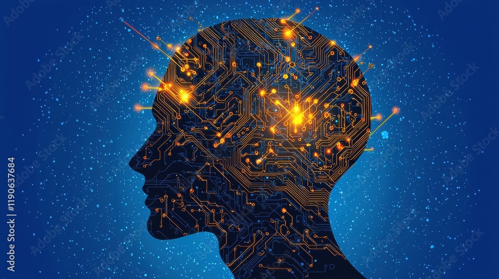 Aufkleber silhouetted human head with vibrant circuit patterns representing artificial intelligence.