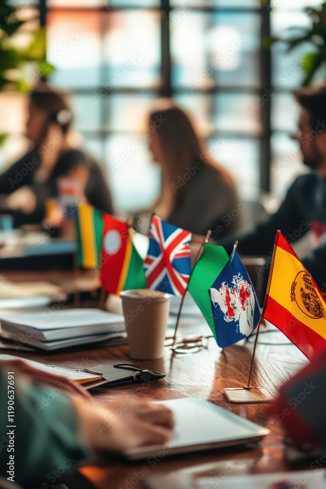 Poster a dynamic shot of a team on a global conference call, with flags of different countries in the backg