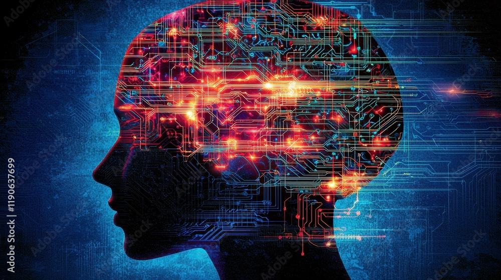 Poster digital representation of a human head filled with luminous circuits and technology.