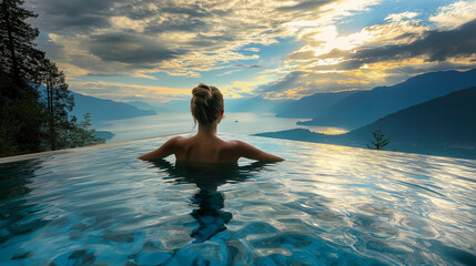 Entspannte Frau im Infinity-Pool mit atemberaubendem Panoramablick auf majestätische Bergkulisse - Luxusurlaub und Wellness in der Natur
