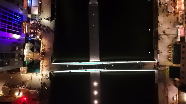 View from the drone on the bridge in old town of Gdansk on the Moltawa River at night
