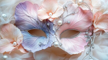  Soft, romantic masquerade mask decorated with handcrafted pastel petals in shades of blush pink, lavender, and cream, accented with pearls for a delicate, elegant look.