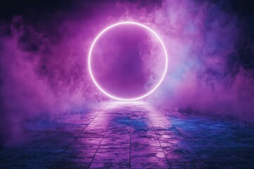 Futuristic Neon Circle with Purple Smoke on Reflective Floor in Mysterious Atmosphere