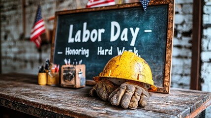  Rustic Labor Day setup featuring a chalkboard with a tribute message, yellow hard hat, and work gloves on a wooden table, symbolizing appreciation for hardworking individuals and their contributions.
