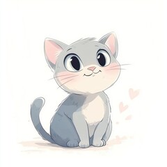 Obraz premium Cute gray kitten sitting, looking up, hearts background, children's illustration