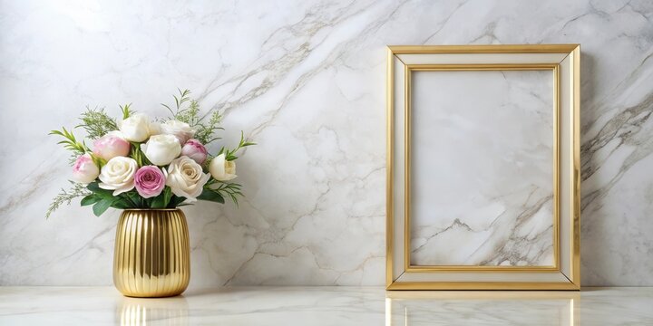 Elegant golden frame on a sleek marble background, showcasing a stunning floral arrangement or a delicate vase , decor, flower