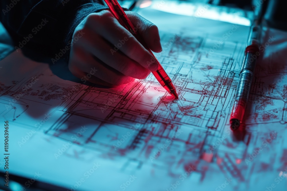 Poster a dynamic shot of an engineer marking corrections on a blueprint with a red pen