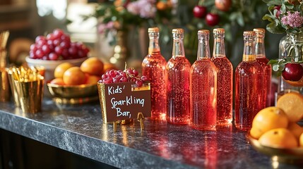  Kid-sized sparkling drink bar with a sign "Kids’ Sparkling Bar," featuring bottles of apple and grape juice, flutes, and festive decorations for a fun party experience.