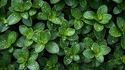 Fototapeta premium Fresh morning dew drops delicately clinging to the vibrant green leaves of a plant, capturing a serene and natural moment in detail.