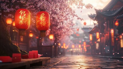 Obraz premium Traditional red lanterns hanging on a street for Lunar New Year, casting a soft golden light that gently illuminates cobblestone streets, creating a festive and cultural atmosphere.
