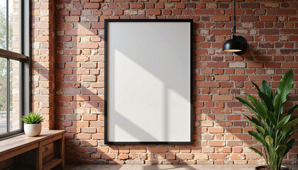 Minimalistic vertical picture frame mockup on brick wall, interior design