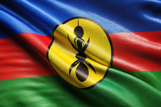 Macro Photography: New Caledonia Flag, Detailed Fabric Texture, Waving Motion Blur, Patriotism, National Symbol
