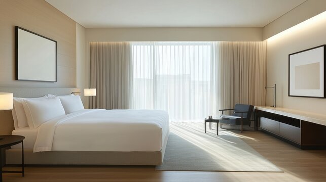 A luxurious bedroom with soft lighting highlighting the clean design, shadows enhancing the serene environment